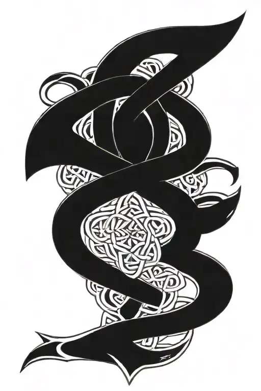 Celtic knot for strength that’s ties in a sword that has the saying even angels have their demons down the middle tattoo design idea
