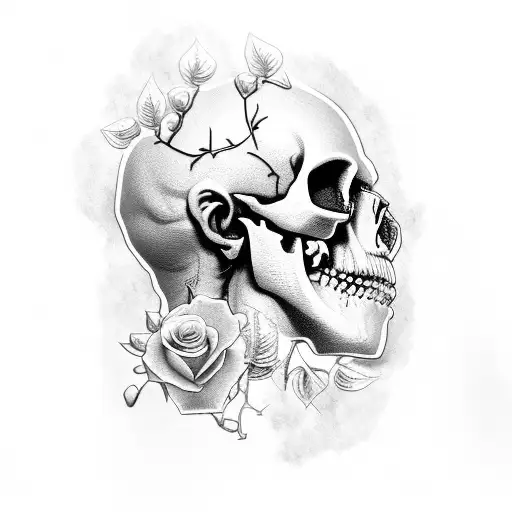 Zeus stone statue head bust cracked in the head revealing skull underneath with rose thorns growing around neck tattoo design idea