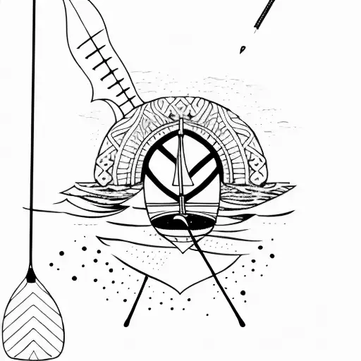 A majestic paddleboard gliding through calm waters with a breathtaking sunset in the background tattoo design idea