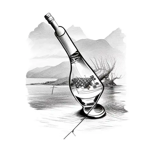 A fishing rod transforming into a vineyard with wine bottles hanging from it tattoo design idea
