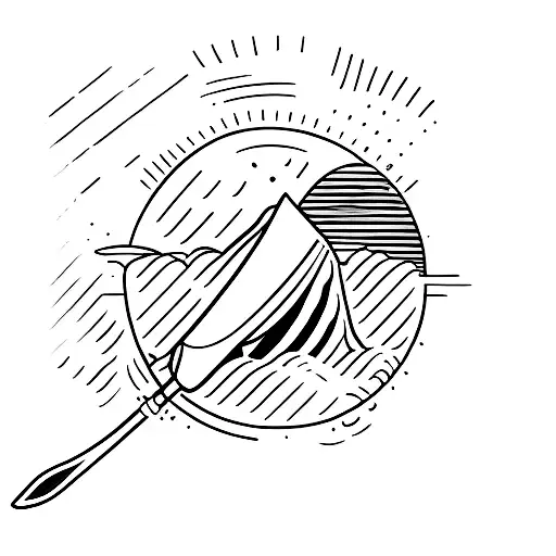 A majestic paddleboard gliding through calm waters with a breathtaking sunset in the background tattoo design idea