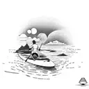 A majestic paddleboard gliding through calm waters with a breathtaking sunset in the background tattoo design idea