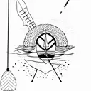 A majestic paddleboard gliding through calm waters with a breathtaking sunset in the background tattoo design idea