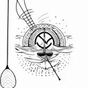 A majestic paddleboard gliding through calm waters with a breathtaking sunset in the background tattoo design idea