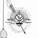 A majestic paddleboard gliding through calm waters with a breathtaking sunset in the background tattoo design idea