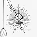 A majestic paddleboard gliding through calm waters with a breathtaking sunset in the background tattoo design idea