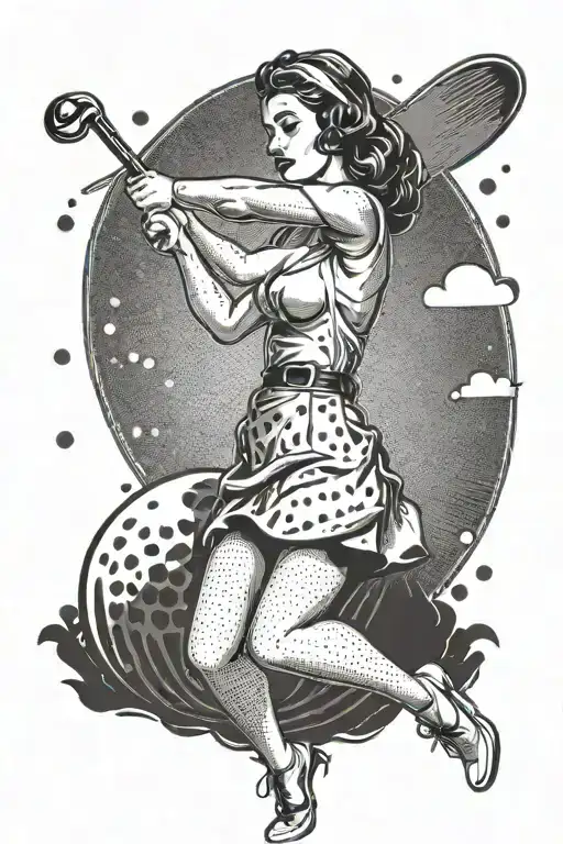 Pinup girl swinging a golf club in a retro 50s outfit tattoo design idea