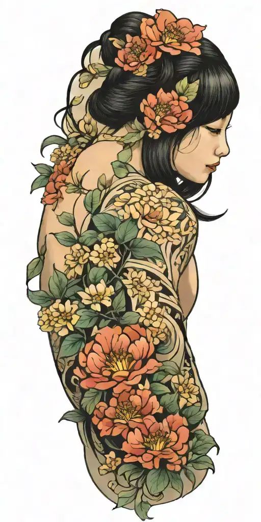Korean woman flowers tattoo design idea