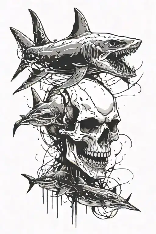 skull sharks trash polka style tattoo design idea