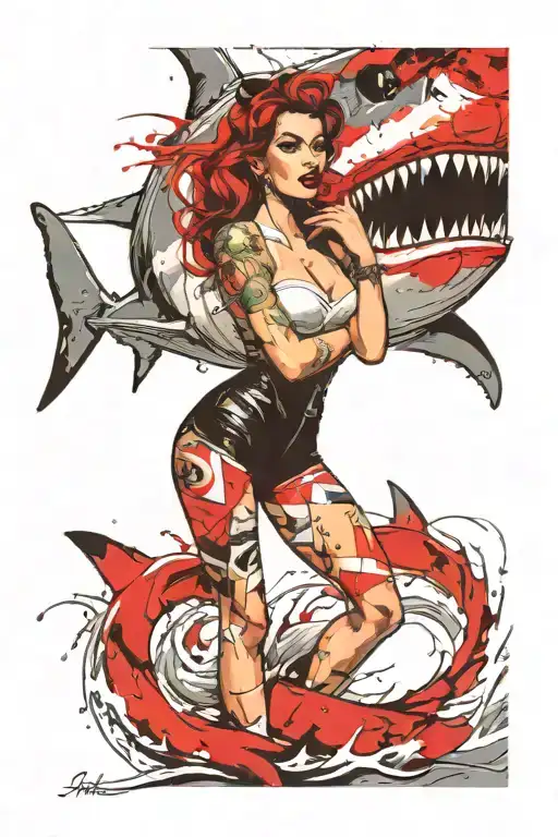 pinup girl great white shark tattoo design idea