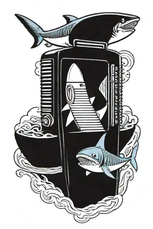 A retro jukebox with a shark fin sticking out, symbolizing a love for music and sharks tattoo design idea