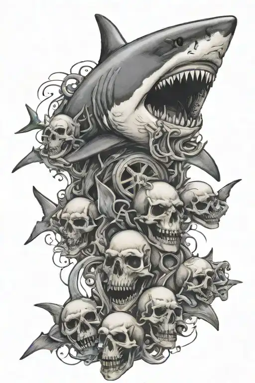 great white shark with skulls tattoo design idea