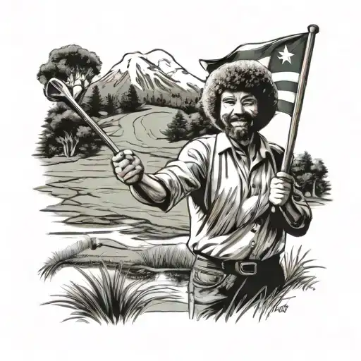 bob Ross holding 19th hole flag as golf caddy tattoo design idea