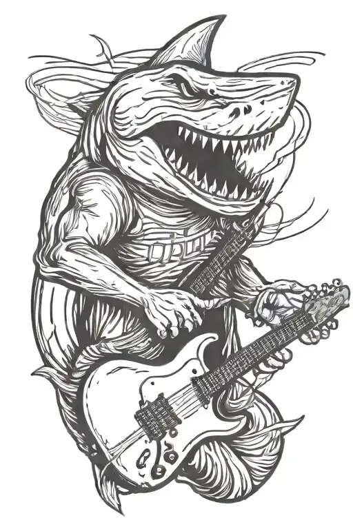 A great white shark wearing 80s style sunglasses playing an electric guitar tattoo design idea