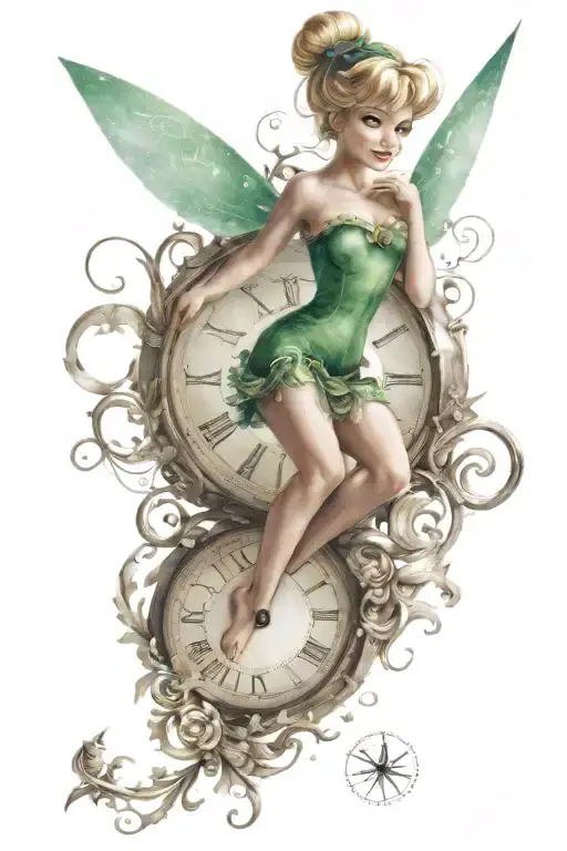 tinker bell flying dust travelling through time tattoo design idea