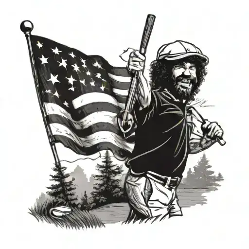 bob Ross as golf caddy holding flag tattoo design idea
