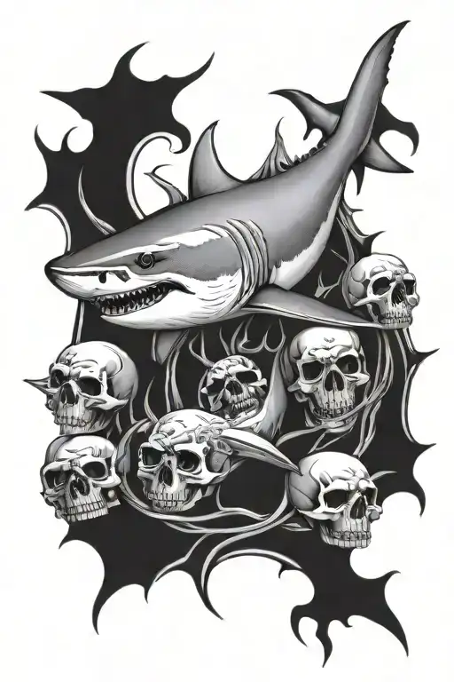 great white shark and skulls surrounded tattoo design idea