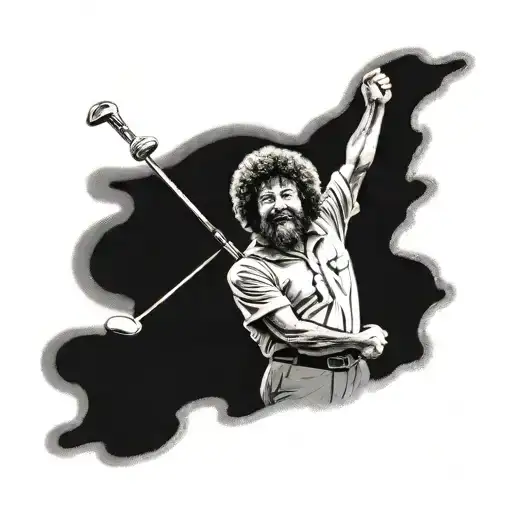 bob Ross holding 19th hole flag in golf tattoo design idea