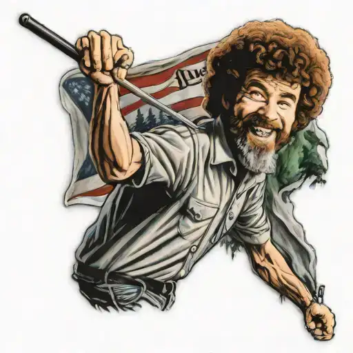 bob Ross holding 19th hole flag in golf tattoo design idea