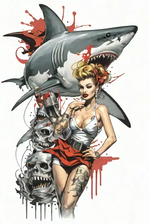50s pinup girl great white shark tattoo design idea