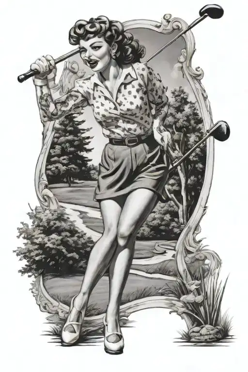 Pinup girl playing golf on a vintage 50s golf course tattoo design idea