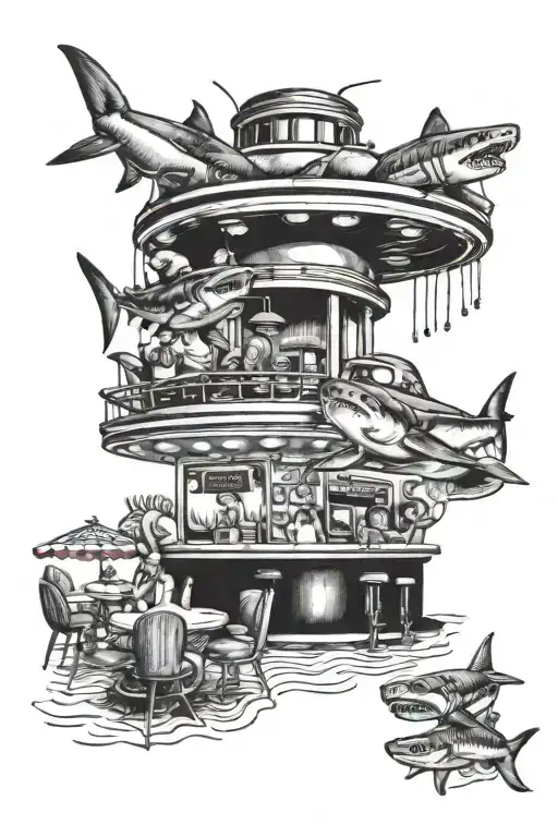 A blackwork tattoo of a retro 50s diner scene with sharks swimming in the background tattoo design idea