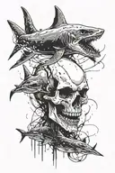 skull sharks trash polka style tattoo design idea