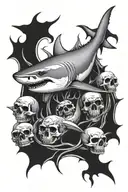 great white shark and skulls surrounded tattoo design idea