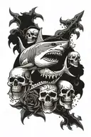 great white shark and skulls surrounded tattoo design idea