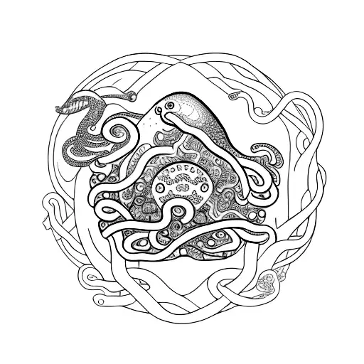 An intricate underwater scene with various sea creatures intertwined with symbols of psychology, such as a brain or a labyrinth tattoo design idea