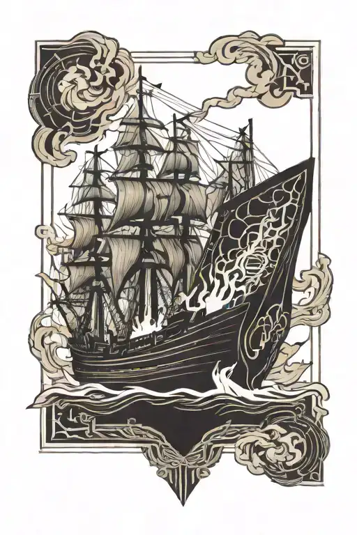 a burning ship that is in a rectangle frame tattoo design idea