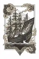 a burning ship that is in a rectangle frame tattoo design idea