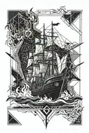 a burning ship that is in a rectangle frame tattoo design idea