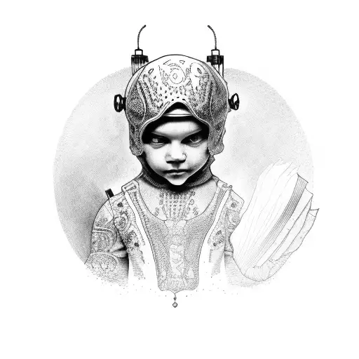 cherub wearing balaclava holding a book tattoo design idea