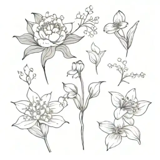 A bouquet of lily of the valley, chrysanthemum, waterlily, morning glory, cosmos,and daisies. tattoo design idea