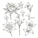 A bouquet of lily of the valley, chrysanthemum, waterlily, morning glory, cosmos,and daisies. tattoo design idea