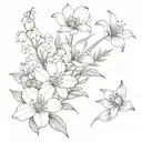 A bouquet of lily of the valley, chrysanthemum, waterlily, morning glory, cosmos,and daisies. tattoo design idea