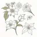 A bouquet of lily of the valley, chrysanthemum, waterlily, morning glory, cosmos,and daisies. tattoo design idea