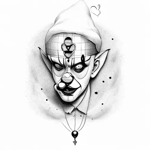 clown avec un coeur sous un œil et un point d'interrogation sous l'autre  tattoo design idea