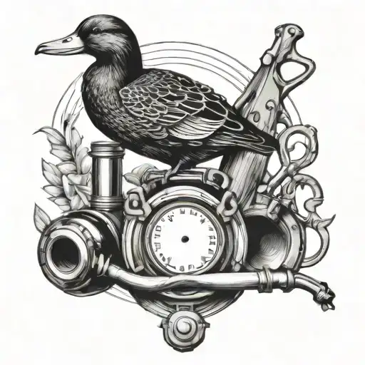 A stethoscope intertwined with hunting gear like a shotgun and duck decoys tattoo design idea