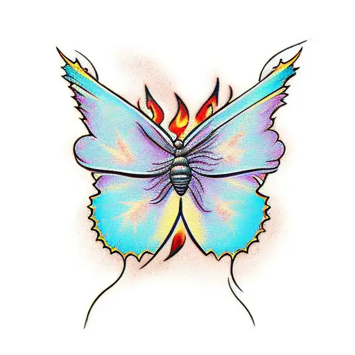 a prominent butterfly rising from smoldering embers as a symbol of resilience and the beauty of metamorphosis. tattoo design idea
