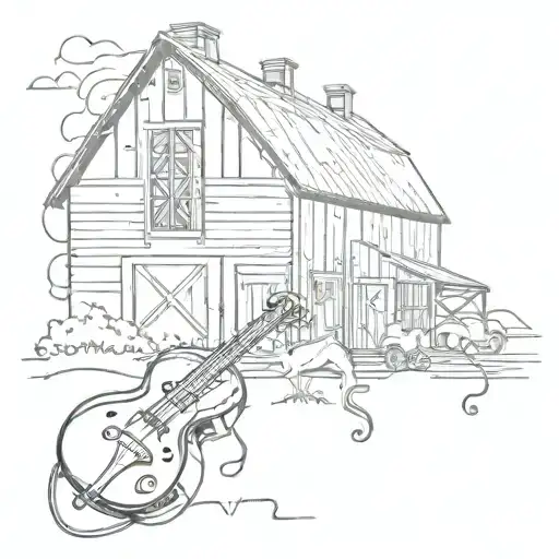 A barn silhouette with a metal music twist, incorporating musical notes and instruments in the design tattoo design idea