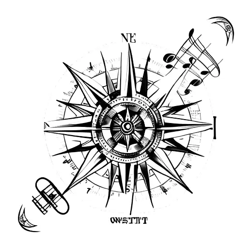 A compass with musical instruments as the directional markers tattoo design idea