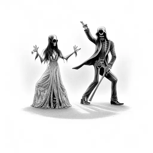 the Grim Reaper dancing with a woman in front of a coffin tattoo design idea