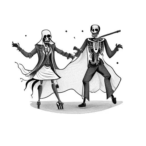 the Grim Reaper dancing with a woman in front of a coffin tattoo design idea