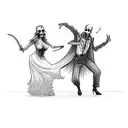 the Grim Reaper dancing with a woman in front of a coffin tattoo design idea