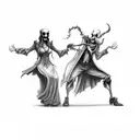the Grim Reaper dancing with a woman in front of a coffin tattoo design idea