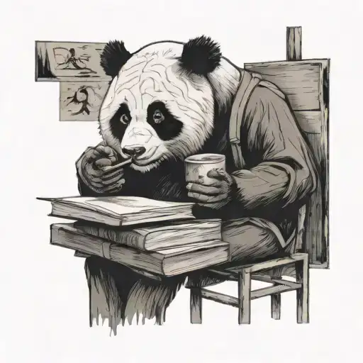A student studying while smoking a cigarette, with a panda sitting on a stack of books beside them tattoo design idea