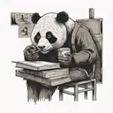 A student studying while smoking a cigarette, with a panda sitting on a stack of books beside them tattoo design idea
