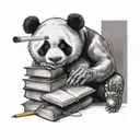 A student studying while smoking a cigarette, with a panda sitting on a stack of books beside them tattoo design idea